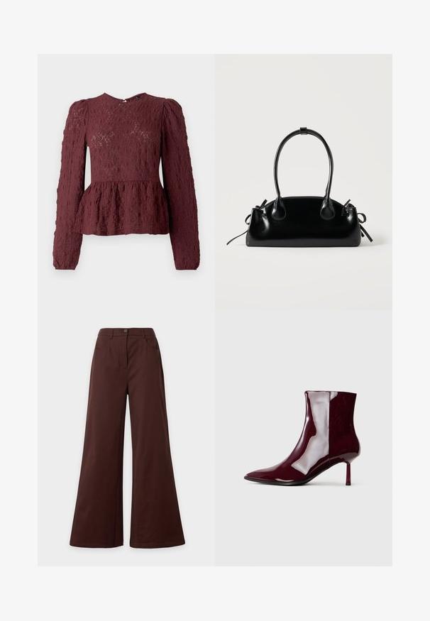 Top peplum bourgogne en dentelle texturée, doté de manches longues, d'un col haut et d'une taille plissée subtile. Fermeture éclair dans le dos.; Pantalon marron à jambes larges avec bouton à l'avant et poches, présenté sur un fond clair uni.; Bottine brillante rouge foncé à bout pointu et talon fin mi-haut sur un fond clair.; Petit sac à main noir brillant avec deux longues anses et des détails à cordon sur les côtés sur un fond clair uni.