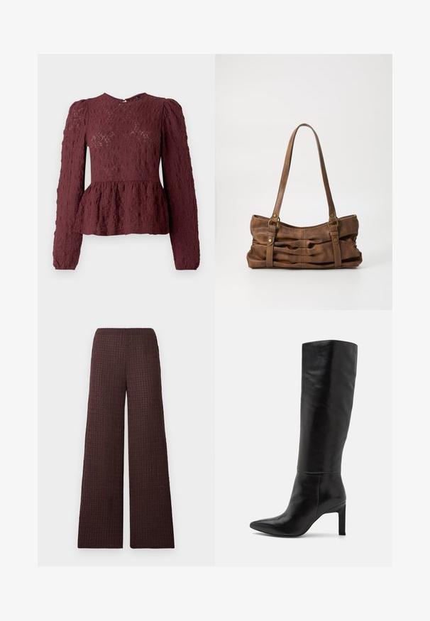 Burgunderfarvet peplum-top i tekstureret blonde, med lange ærmer, høj hals og en subtil plisseret talje. Lynlås Lukning i ryggen.; Brune bukses ben med bredt snit og elastisk talje, designet i et krøllet stof og med fuld længde.; Knæhøje sorte læder stiletto-støvler med spids tå og glat tekstur. Hælen er i blokstil, hvilket tilføjer stabilitet til designet.; Even&Odd Håndtasker - brown