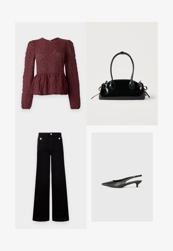 Burgunderfarbene Peplum-Bluse aus strukturiertem Spitzenmaterial, mit langen Ärmeln, hohem Kragen und einem dezent gefältelten Taillenbereich. Reißverschluss hinten.; Schwarze, ausgestellte Jeans aus Denim mit hoher Taille, zwei vorderen Taschen und goldfarbenen Hardware-Akzenten. Glatte Textur, weites Bein-Design.; Schwarzer Slingback-Schuh mit spitzem Zehenbereich aus glattem Leder. Mit einem dünnen Absatz und einer dekorativen Schnalle am verstellbaren Riemen.; Kleine schwarze glänzende Handtasche mit zwei langen Griffen und seitlichen Kordelzug-Details vor einfachem hellem Hintergrund.