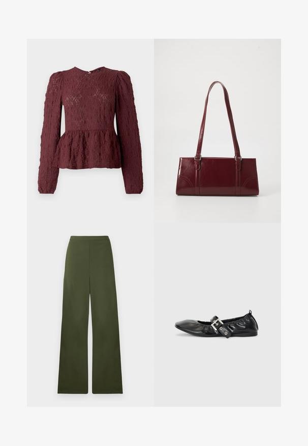 Burgunderfarvet peplum-top i tekstureret blonde, med lange ærmer, høj hals og en subtil plisseret talje. Lynlås Lukning i ryggen.; Olivenfarvede vide benbukser med en glat overflade og tætsiddende talje. Ingen synlige lommer eller detaljerne, lavet af et let materiale.; Sorte læder flade sko med spids tå, samling detaljer omkring åbningen, og en sølv spænde accent på den justerbare rem.; Bordeaux håndtaske lavet af glansfuldt materiale, rektangulær form, med to skulderremme og subtile buede detaljer på forsiden.