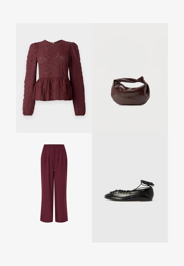 Burgunderfarvet peplum-top i tekstureret blonde, med lange ærmer, høj hals og en subtil plisseret talje. Lynlås Lukning i ryggen.; Bredde benbukser i bordeaux stof, med frontfald og elastisk talje. Glat tekstur, hel længde design.; Sorte balletflade sko i laklæder med rundet tå, snørelukning og flad sål. Glat tekstur med få detaljer.; Mørkebrun læder skuldertaske med en blød, afslappet form og et snoet knudehåndtag på en ensartet hvid baggrund.