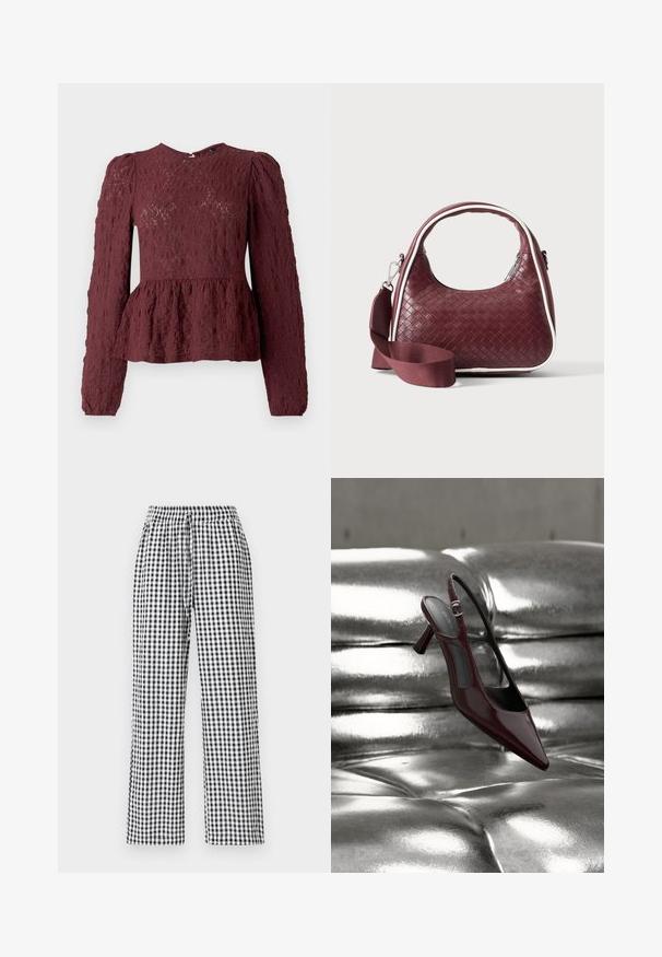 Top peplum bourgogne en dentelle texturée, doté de manches longues, d'un col haut et d'une taille plissée subtile. Fermeture éclair dans le dos.; Pantalons à motifs vichy noir et blanc avec une coupe décontractée, taille élastique et détail de cordon de serrage. Le tissu a une texture lisse.; Escarpin slingback à talon haut, rouge foncé brillant avec bout pointu, présenté sur une surface en cuir argenté capitonné et brillant.; Sac à main en cuir tressé marron foncé avec poignée courbée, garniture blanche, fermeture éclair argentée et bandoulière large en tissu amovible sur fond uni.