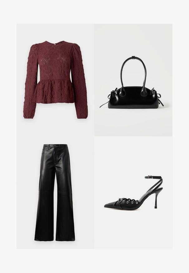 Top peplum bourgogne en dentelle texturée, doté de manches longues, d'un col haut et d'une taille plissée subtile. Fermeture éclair dans le dos.; Pantalons larges en faux cuir noire taille haute avec bouton avant, fermeture éclair, passants de ceinture et poches latérales sur fond blanc.; Chaussure à talon haut noire à bout pointu, bords festonnés, œillets métalliques, lacets à l'avant et bride de cheville avec fermeture à boucle.; Petit sac à main noir brillant avec deux longues anses et des détails à cordon sur les côtés sur un fond clair uni.