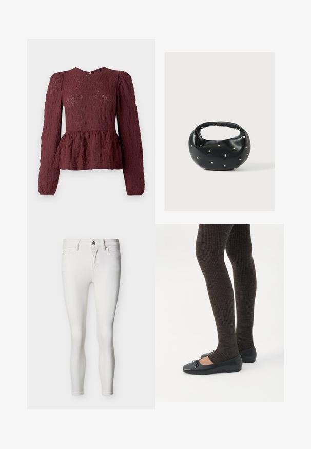 Top peplum bourgogne en dentelle texturée, doté de manches longues, d'un col haut et d'une taille plissée subtile. Fermeture éclair dans le dos.; Jean blanc slim fit avec fermeture à boutons et fermeture éclair, poches avant et passants pour ceinture, présenté sur un fond neutre.; Jambes portant des leggings côtelés foncés associés à des ballerines noires avec de petits détails en nœud sur fond blanc.; Sac à main en cuir noir de forme arrondie, décoré de clous argentés et équipé d'une poignée courte. Texture lisse et fermeture éclair.