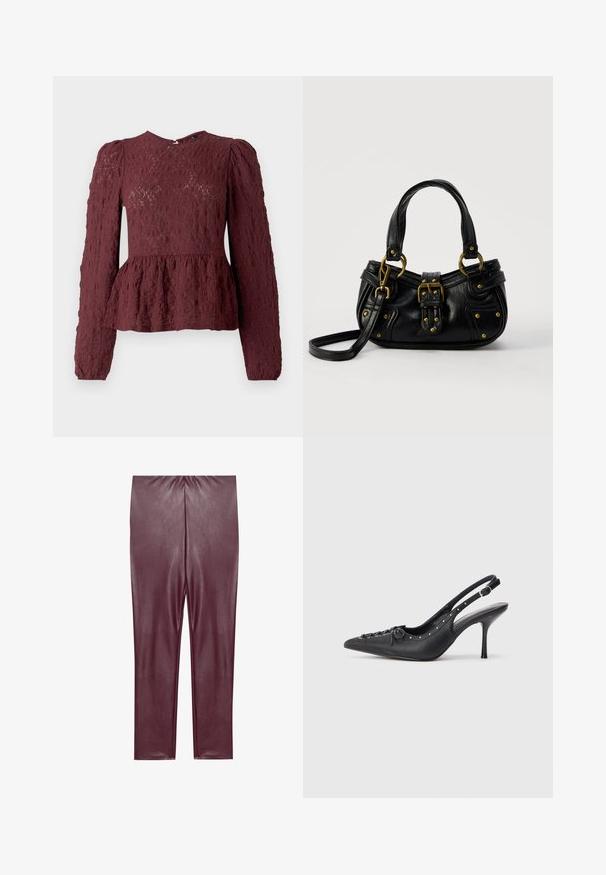 Burgunderfarbene Peplum-Bluse aus strukturiertem Spitzenmaterial, mit langen Ärmeln, hohem Kragen und einem dezent gefältelten Taillenbereich. Reißverschluss hinten.; Burgunderfarbene Leggings aus Kunstleder mit glatter Textur, hoher Taille und enganliegendem Design, das bis zu den Knöcheln reicht, ohne zusätzliche Details.; Schwarzer Leder-Slingback-Stiletto mit spitzem Zehenaufsatz, seitlichem Schnallenriemen, Nieten entlang der Kante und dekorativer Schnürung vorne.; Schwarze Lederhandtasche mit goldener Schnalle und Nieten, kurzen Griffen und einem verstellbaren Schultergurt vor einem schlichten weißen Hintergrund.