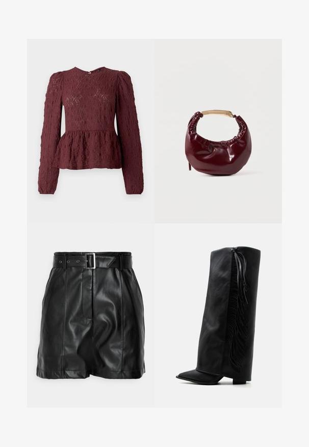 Burgunderfarvet peplum-top i tekstureret blonde, med lange ærmer, høj hals og en subtil plisseret talje. Lynlås Lukning i ryggen.; Sorte lædershorts med en glat overflade, høj talje og et bredt bælte med en rektangulær sølvspænde. Plisseret design foran.; Sort læder knæhøj støvle med spids tå og dekorativ frynse langs ydersiden mod en ensartet hvid baggrund.; Bordeaux farvet faux læder handbag med en afrundet form, samling detaljer og et guldtonet metalhåndtag. Glat tekstur og blank finish.