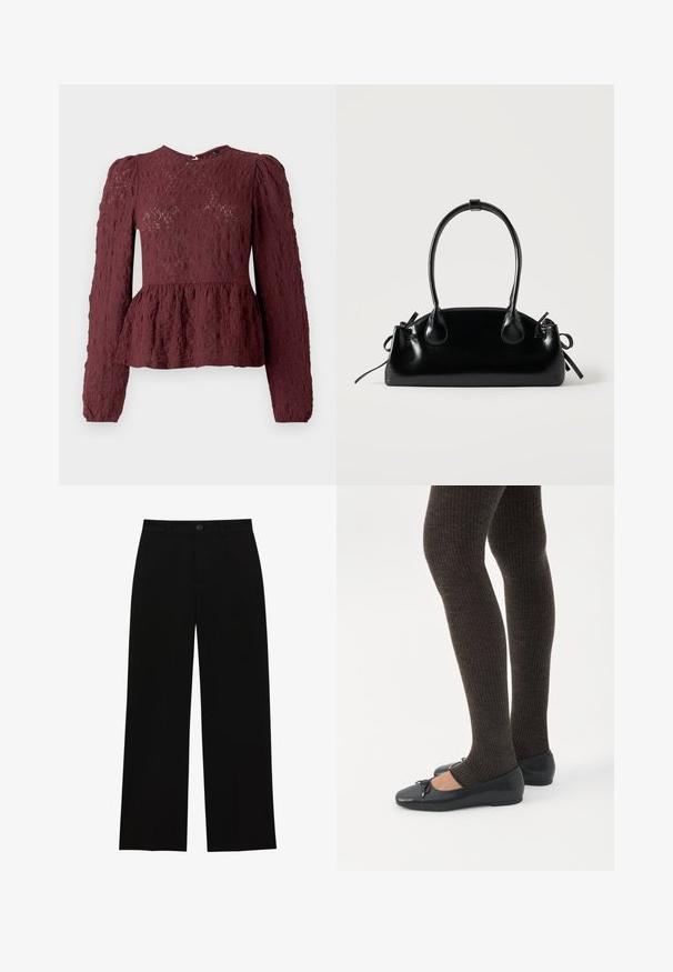 Top peplum bourgogne en dentelle texturée, doté de manches longues, d'un col haut et d'une taille plissée subtile. Fermeture éclair dans le dos.; Pantalons noirs, taille haute, à jambes larges, fabriqués dans un tissu lisse, avec une taille plate, une fermeture à bouton et sans poches visibles.; Jambes portant des leggings côtelés foncés associés à des ballerines noires avec de petits détails en nœud sur fond blanc.; Petit sac à main noir brillant avec deux longues anses et des détails à cordon sur les côtés sur un fond clair uni.