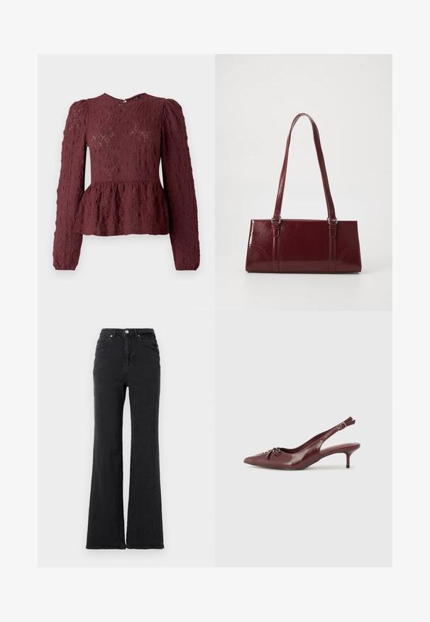 Burgunderfarvet peplum-top i tekstureret blonde, med lange ærmer, høj hals og en subtil plisseret talje. Lynlås Lukning i ryggen.; Sorte højtaljede denimjeans med flagrende ben, frontknap og fem-lommet design mod en helt hvid baggrund.; Bordeaux læder slingback hæl med spidse tå, justerbar rem og dekorativ sløjfedetalje foran. 7,5 cm hælhøjde.; Bordeaux håndtaske lavet af glansfuldt materiale, rektangulær form, med to skulderremme og subtile buede detaljer på forsiden.