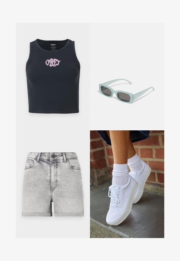 Sort ribbet crop tank top lavet af bomuld med en rund halsudskæring og et pink broderet "OBEY" logo på tværs af brystet.; Grå denim shorts med oprullede kanter, fem-lomme design og central knaplukning. Glat tekstur med subtile falmede detaljer.; Hvide lærreds sneakers med gummisåler, der har seks snørehuller, rund tå og let sømdetaljer, krydret med hvide ankelstrømper.; Et par rektangulære solbriller med lyseblå gennemsigtige stel og mørkegrå linser, der har lige templer og minimale hardware detaljer.