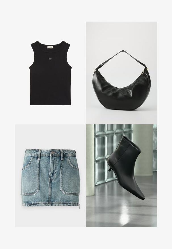 Schwarzes, geripptes ärmelloses Oberteil mit Rundhalsausschnitt, Calvin Klein Jeans-Label im Innenkragen und kleinem CK-Logo-Patch auf der Brust.; Helles, blaues Denim-Minirock mit Fünf-Taschen-Design, Gürtelschlaufen, Metallknopfverschluss und kontrastierenden Nähten.; Schwarzer Leder-Stiefelette mit spitzer Zehenpartie und niedrigem Kitten-Heel, schräg dargestellt vor einem polierten Boden und einer Glasbausteinwand.; Schwarze Leder-Schultertasche mit geschwungener Form, weicher Textur und einem einzelnen Riemen; verfügt über einen goldenen Reißverschluss und dezente Markenkennzeichnung.