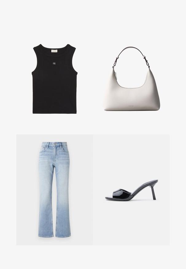 Zwarte geribbelde mouwloze top met ronde hals, Calvin Klein Jeans label aan de binnenkant van de kraag en een klein CK-logo applicatie op de borst.; Lichtblauwe denim flared jeans met een hoge taille, contrasterende stiksels, voorvakken en een subtiele vervaging naar de zoom toe.; Zwarte lakleren open-teen sandalen met hak, met een gebogen bovenkant ontwerp en een taps toelopende naaldhak. Gladde glanzende afwerking.; Romige Calvin Klein leren schoudertas met gebogen bovenrand, zilveren rits en donkerbruine verstelbare riem.