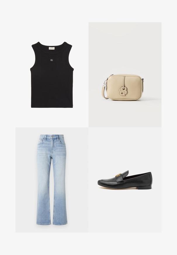 Top sin mangas negro acanalado con cuello redondo, etiqueta Calvin Klein Jeans dentro del cuello y pequeño parche con el logo CK en el pecho.; Jeans acampanados de mezclilla azul claro con cintura alta, costuras en contraste, bolsillos frontales y un sutil efecto de desgaste hacia el dobladillo.; Mocasines de cuero negro con puntera redondeada, tacón plano y acento en tono dorado en la correa. Textura suave con detalles de diseño mínimos.; Bolso bandolera rectangular de cuero beige con una correa desmontable y un logo decorativo bordado en la parte delantera.