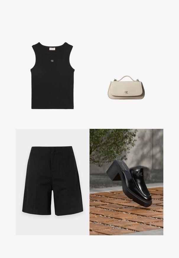 Must triibuline varrukateta top ümmarguse kaelusega, Calvin Klein Jeans'i silt kaeluse sees ja väike CK logo rinnal.; Mustad mustad lühikesed püksid kergest kangast, millel on struktureeritud disain vertikaalsete joontega ja sirge äärega. Taskud pole nähtavad.; Mustast nahast Calvin Kleini slip-on mules, millel on plokk-konts, toetub puitplaatidele õues, lähedal rohelisele taimele ja hallile seinale.; Väike beež nahast käekott ülemise sangaga ja hõbedase CK logoga esiklapil, valgel taustal.