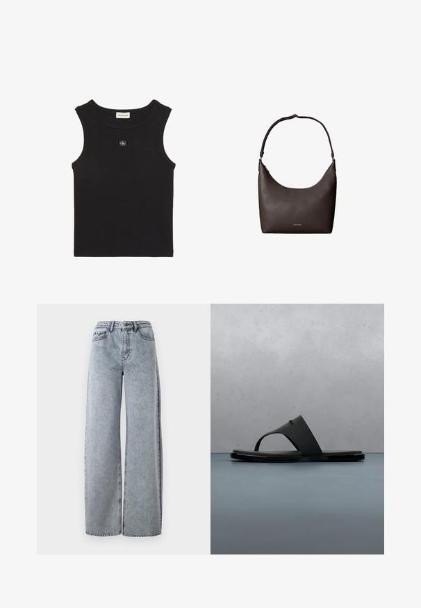 Zwarte geribbelde mouwloze top met ronde hals, Calvin Klein Jeans label aan de binnenkant van de kraag en een klein CK-logo applicatie op de borst.; Licht gewassen denim wijde pijpen jeans met een hoge tailleband, voorzien van voorzakken, riemlussen en contrasterende stiksels.; Zwarte Calvin Klein teenslipper die boven houten latten zweeft met kleine stenen eromheen, buiten met wazige groene planten en een betonnen muur op de achtergrond.; Donkerbruine leren schoudertas met structuur, met een enkele band en klein Calvin Klein-logo aan de voorkant in het midden.