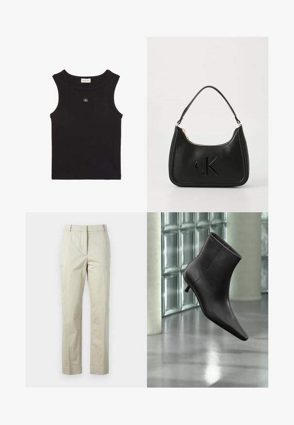 Top sin mangas negro acanalado con cuello redondo, etiqueta Calvin Klein Jeans dentro del cuello y pequeño parche con el logo CK en el pecho.; Pantalones de algodón beige con piernas rectas, pliegue central y trabillas para cinturón. Presenta dos bolsillos laterales y un acabado limpio y a medida.; Bota de cuero negro para el tobillo con puntera puntiaguda y tacón pequeño, exhibida frente a una pared de bloques de vidrio y un suelo pulido.; Bolso de mano de cuero negro con forma curva, que presenta una cremallera dorada y un sutil logo "cK" en relieve. Textura suave y un solo asa.
