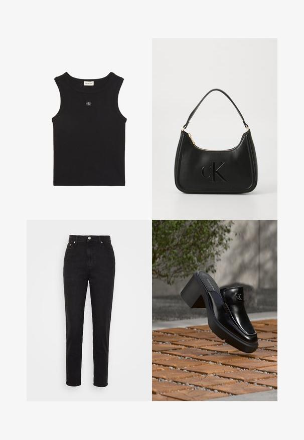 Čierny rebrovaný top bez rukávov s okrúhlym výstrihom, s nášivkou značky Calvin Klein Jeans vo vnútri goliera a malou nášivkou s logom CK na hrudi.; Čierne vysoké slim-fit džínsy so zapínaním na gombík vpredu, pútkami na opasok a dizajnom s piatimi vreckami na bielom pozadí.; Čierne kožené šľapky Calvin Klein s blokovým podpätkom, ktoré oddychujú na drevených dlaždiciach vonku blízko zelenej rastliny a šedej steny.; Čierna kožená kabelka so zakriveným tvarom, s zlatým zipsom a jemne embosovaným logom "cK". Hladká textúra a jediná rúčka.