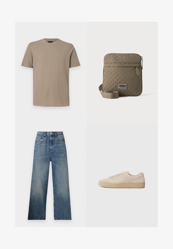 Beige heren T-shirt met korte mouwen en een ronde hals, voorzien van een subtiel reliëf met herhalend merktekstpatroon over de stof.; Blauwe denim wijdgerande jeans met een hoge taille, voorzien van subtiele vervaging, vijf zakken en een metalen knoopsluiting aan de voorkant.; Beige suede sneaker met een ronde neus, platte veters en een gestructureerde rubberen zool. Minimalistisch ontwerp met gladde randen en subtiele stiksels.; Beige crossbodytas met verstelbare band, voorvak met ritssluiting en een reliëf geometrisch patroon, voorzien van een klein metalen logoplaatje.