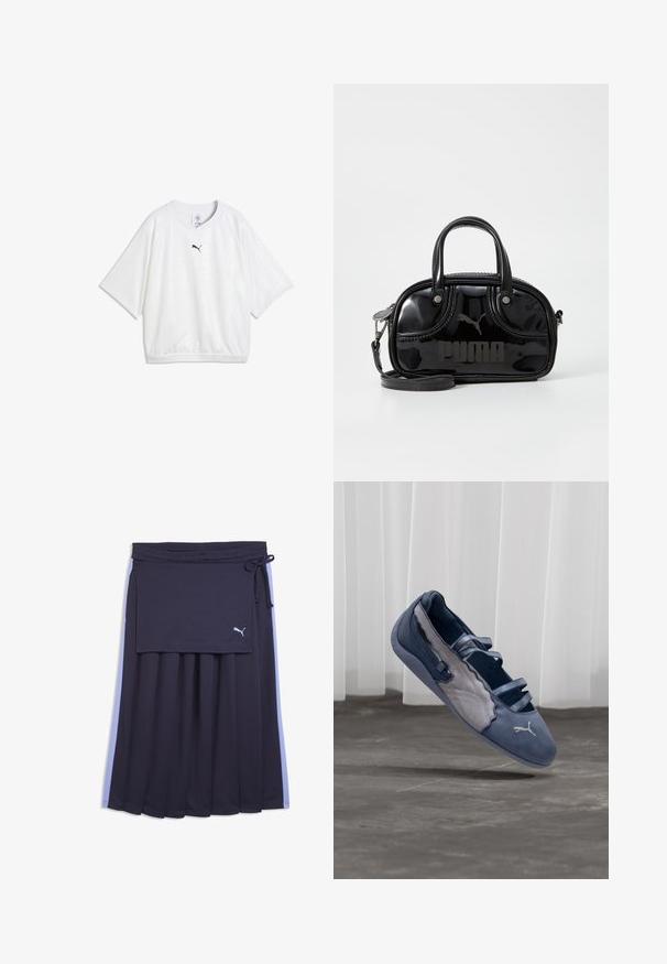 T-shirt de sport blanc à manches courtes avec un col rond et un logo Puma noir centré sous l'encolure.; Jupe plissée bleu marine avec des bandes latérales bleu clair, un panneau enveloppant attaché, une taille à cordon de serrage et un petit logo Puma blanc sur le panneau.; Chaussure plate Puma bleue et grise avec trois brides élastiques, panneau latéral texturé, et logo Puma blanc, en suspension au-dessus d'un sol en béton.; Sac à main en cuir verni noir avec des poignées supérieures doubles, une bandoulière amovible, une forme arrondie et un logo "PUMA" en relief bien visible.
