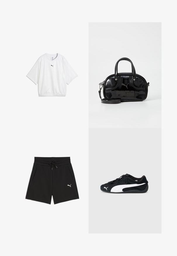 T-shirt de sport blanc à manches courtes avec un col rond et un logo Puma noir centré sous l'encolure.; Shorts de sport noirs avec taille à cordon, poches latérales et logo blanc Puma sur la jambe droite.; Chaussures de sport noires en matériau mesh et suède, avec un logo Puma blanc, des lacets élastiques et une semelle en caoutchouc texturée.; Sac à main en cuir verni noir avec des poignées supérieures doubles, une bandoulière amovible, une forme arrondie et un logo "PUMA" en relief bien visible.