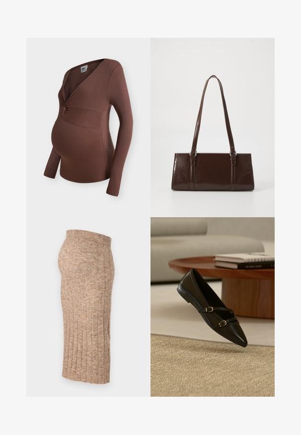 Top premamá marrón acanalado de manga larga con escote en V fruncido y cintura ajustada diseñado para adaptarse a la barriga de embarazo.; Falda marrón de canalé con cintura elástica, de longitud hasta la rodilla, con una textura suave y un patrón consistente, vista lateral presentada sobre un fondo blanco.; Zapato plano negro con puntera puntiaguda y dos delgadas correas con hebillas flotando sobre una alfombra beige, con una mesa de café de madera y libros al fondo.; Bolso de mano de piel sintética marrón con forma rectangular, dos asas largas y sutiles acentos curvados en la parte delantera.