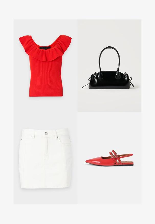 Haut rouge à rayures avec un décolleté large et froncé. Le matériau a une texture douce avec une silhouette ajustée. Étiquette de la marque visible à l'intérieur.; Jupe en denim blanc au design ajusté, avec une fermeture à boutons sur le devant, deux poches latérales et une longueur mi-cuisse. Texture lisse.; Ballerines slingback en cuir verni rouge avec un bout pointu, dotées de deux fines lanières croisées et d'un design minimaliste. Semelle plate noire.; Petit sac à main noir brillant avec deux longues anses et des détails à cordon sur les côtés sur un fond clair uni.