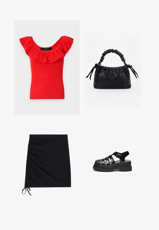 Haut rouge à rayures avec un décolleté large et froncé. Le matériau a une texture douce avec une silhouette ajustée. Étiquette de la marque visible à l'intérieur.; Mini-jupe noire en tissu doux, dotée de fronces sur les côtés et de liens à l'ourlet. Texture lisse avec une silhouette ajustée.; Sandales à plateforme noires avec des larges brides, fabriquées en matériau lisse. Dotées d'une semelle épaisse avec un motif structuré et d'une fermeture à boucle.; Sac à main noir avec texture crocodile, bord supérieur froncé, poignée plissée et pompons à cordon de chaque côté sur fond blanc.