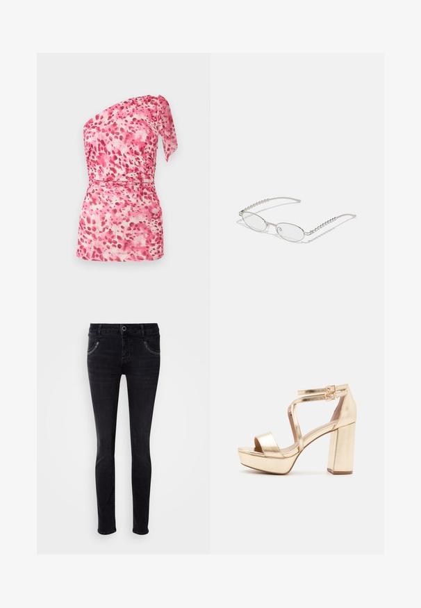 Pink-weißes One-Shoulder-Top mit abstraktem Fleckenmuster und gebundenem Träger an der rechten Schulter.; Schwarze Denim-Jeans mit schmalem Schnitt, ausgestattet mit Fronttaschen und leichten Nähakzenten. Glatte Textur und gerade Beinform. Keine Verzierungen.; Goldene metallische Plateausandalen mit einem klobigen Blockabsatz, offenen Zehen und kreuzweise verlaufenden Knöchelriemen mit Schnallenakzenten. Glatte Textur.; Ovale Brillen mit einem metallisch-silbernen Rahmen, klaren Gläsern und strukturierten Perlenakzenten an den Bügeln. Leichtes Design mit gebogenen Bügeln.