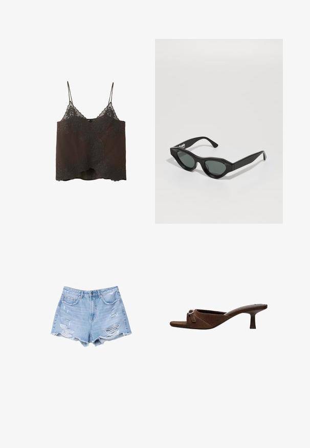 Brun camisole-top med tynde stropper og detaljeret sort blonder med blomsterbroderi langs halsudskæringen og kanten.; Lyseblå denimshorts med frynsetkant og slidte detaljer, med forlommer og knaplukning.; Brun ruskind åben tå mule med lav, smal hæl og sølvspænde på en bred rem over foden.; Sorte solbriller med et geometrisk design, lavet af blank plast. Mørkegrønne linser, vinklede katteøjeform og flade stænger.