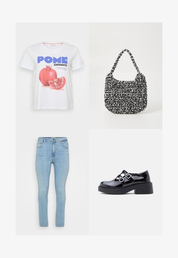 Hvid bomulds T-shirt med en stor grafisk tryk af et granatæble, med ordene "POME GRANATE" i blå og sort. Korte ærmer.; Lyseblå denimjeans med slim fit, der har fem lommer, bæltestropper og en standard lynlås med knaplukning.; Sorte platformssko i laklæder med bred hæl, udskåret design og to sølvspænder hen over vristen. Flad gummisål.; Vævet håndtaske i sort og hvid med en rund form, tekstureret overflade og et fletet håndtag. Velegnet til afslappet brug.