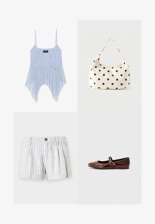 Even&Odd Top - sky blue; Stribede shorts i lys grå og hvid, med knappelukning, plissee foran og et blødt, tekstureret stof.; Brun patentlæder balletflade med firkantet tå og strop med en lille guldbuckle. Glat tekstur, lav hæl og minimalistisk design.; Håndtaske i cremefarvet stof med sorte polkaprikker og en enkelt skulderrem, vist mod en ensfarvet hvid baggrund.