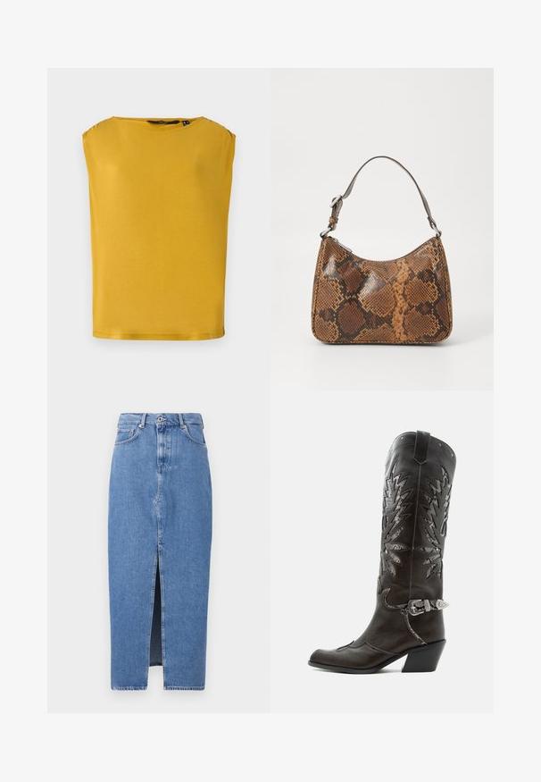 Haut jaune à manches courtes en tissu doux avec un col rond. Présente une coupe droite et une texture lisse, idéale pour un port décontracté.; Jupe midi en denim bleu clair avec une fente avant, design classique à cinq poches et fermeture par bouton supérieur. Le tissu présente une légère texture.; Botte de cowboy en cuir noir avec découpes décoratives, boucle argentée et talon incliné, présentée sur fond blanc.; Petit sac à main avec un motif en peau de serpent marron et noir, courroie courte et ajustable, et fermeture éclair.