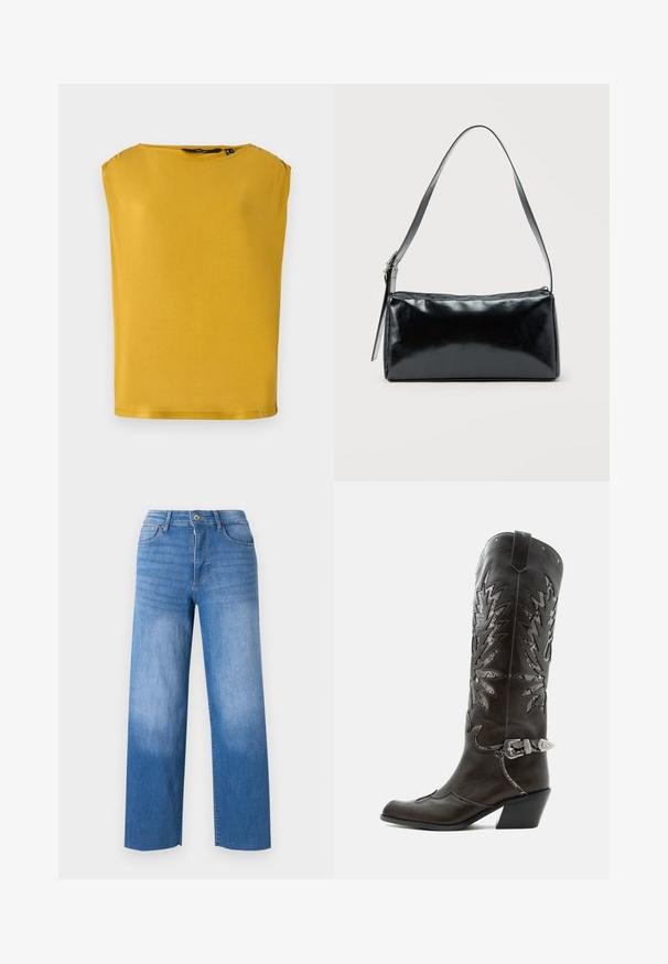 Gul kortærmet top i blød stof med rund hals. Har en lige pasform og en glat tekstur, velegnet til afslappet brug.; Lyseblå denimjeans med vid benåbning, der har fem lommestile, lynlås i gylpen og diskret falmning på lårene. Rene kantfinish.; Sort læder cowboystøvle med dekorative udskæringer, sølvspænde og skrå hæl, vist på hvid baggrund.; Sort rektangulær skuldertaske med en enkelt justerbar rem og lynlås i toppen på en ensfarvet baggrund.