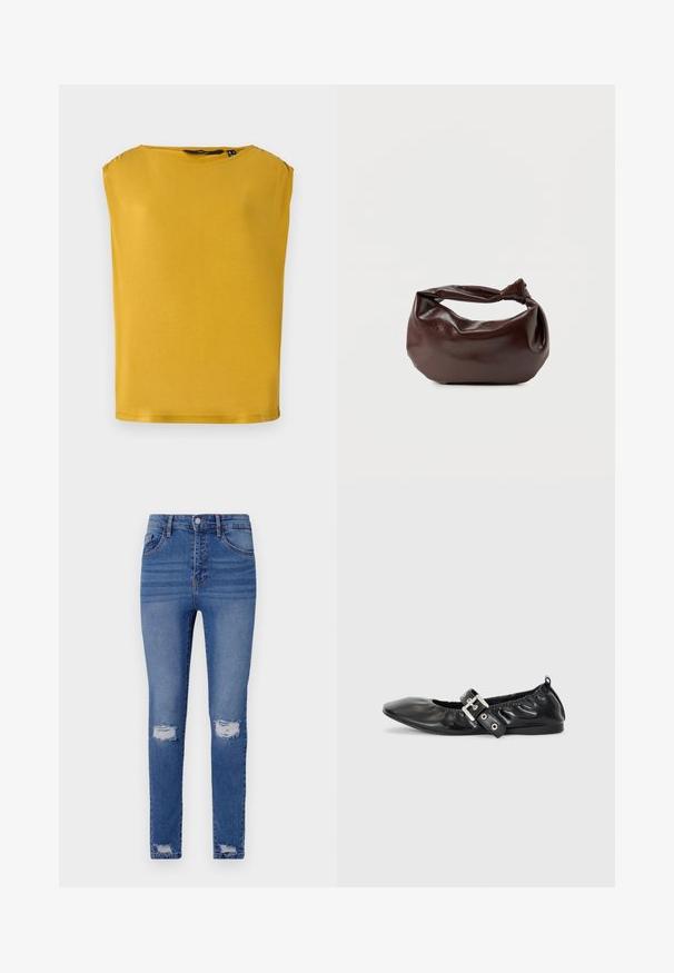 Geel T-shirt met korte mouwen van zachte stof met een ronde halslijn. Heeft een rechte snit en een gladde textuur, geschikt voor casual dragen.; Slanke blauwe jeans met een vervaagde wassing, voorzien van twee kniewonden, vijf zakken, een knoopsluiting en riemlussen. Katoenmix stof.; Zwarte leren platte schoen met een spitse neus, geplooide details rond de opening en een zilveren gespaccentueerde verstelbare band.; Donkerbruine leren schoudertas met een zachte, slungelige vorm en een gedraaide knoopvormige handgreep op een effen witte achtergrond.