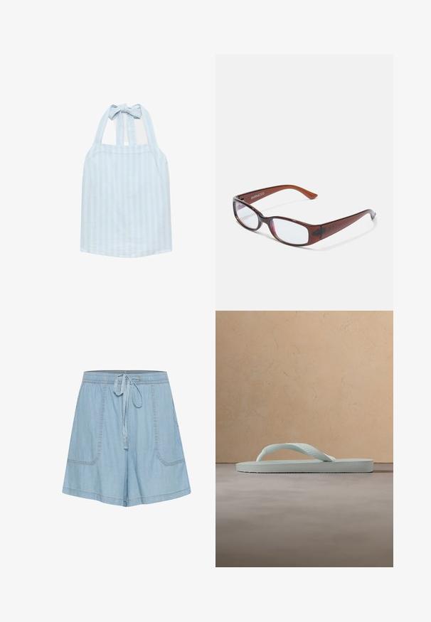 Top halter con rayas verticales en azul claro y blanco, con un lazo atado en el cuello y un ajuste holgado.; Pantalones cortos de mezclilla azul claros con cintura elástica, detalles de lazo, dos bolsillos frontales y acentos de costura.; Sandalia tipo chancla de goma beige claro con plantilla texturizada y correa en forma de Y sobre un fondo gris liso.; Gafas rectangulares con tintado marrón y acabado brillante, con varillas delgadas y lentes transparentes. Logo visible en la patilla izquierda.
