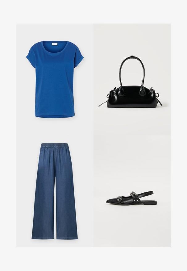 T-shirt bleu à manches courtes avec poignets retroussés et col rond, en tissu doux, étiqueté "VILA" à l'intérieur du col.; Pantalon bleu à jambes larges avec taille élastique, en tissu denim, présenté sur un fond clair uni.; Even&Odd by Zalando Ballerines à brides arrière - black; Petit sac à main noir brillant avec deux longues anses et des détails à cordon sur les côtés sur un fond clair uni.