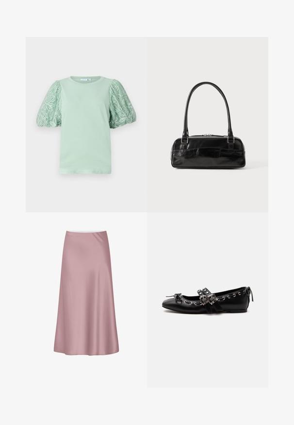 Mintgrünes T-Shirt mit kurzen, puffigen Ärmeln, das mit filigraner weißer Stickerei verziert ist. Rundhalsausschnitt und weiche Textur. Einfaches, modernes Design.; Sanfter rosa Satin-Midirock mit A-Linien-Silhouette und glattem, fließendem Stoff.; Schwarzer flacher Ballettschuh mit doppelten Schnallenriemen, silbernen Ösen und einer kleinen Schleife nahe der abgerundeten Spitze auf weißem Hintergrund.; Schwarze Lederhandtasche in rechteckiger Form, mit einem stabilen Griff, silbernem Zubehör und Reißverschluss. Glatte Textur.