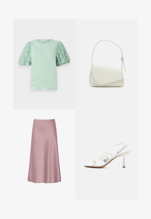 Camiseta verde menta con mangas cortas y voluminosas, adornada con intrincados bordados blancos. Cuello redondo y textura suave. Diseño simple y contemporáneo.; Falda midi de satén rosa suave con una silueta en línea A y una tela lisa y fluida.; Sandalia blanca de tacón alto con tiras finas, detalles plateados, puntera cuadrada y un tacón delgado de altura media sobre un fondo blanco liso.; Bolso de mano de imitación cuero blanco con una forma triangular estructurada, correa ajustable única y cierre con solapa acentuada en curva.