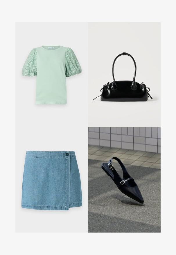 Mintgrøn t-shirt med korte, pufsyer og detaljeret hvid broderi. Rund halsudskæring og blød tekstur. Simpelt, moderne design.; Denim nederdel i lyseblå, med et omslag-design, en enkelt knaplukning og en syet kant. Glat tekstur uden mønstre.; Sort flad slingback med spids tå og dobbelte spænder, hvilende på grå asfalt nær flisevæg.; Lille sort blank håndtaske med to lange håndtag og snøre-detaljer i siden på en ensfarvet lys baggrund.