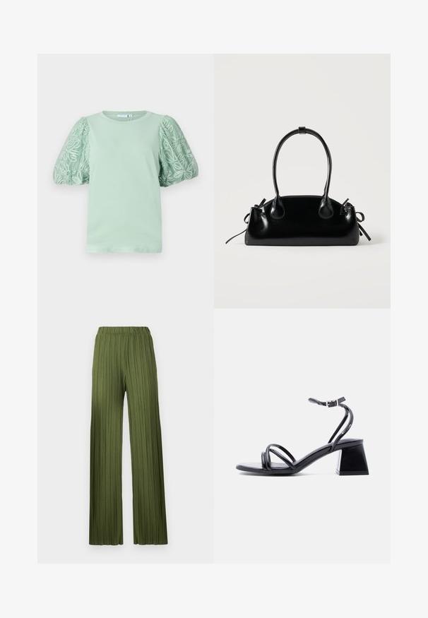 Camiseta verde menta con mangas cortas y voluminosas, adornada con intrincados bordados blancos. Cuello redondo y textura suave. Diseño simple y contemporáneo.; Pantalones anchos plisados verdes con cintura elástica. La tela texturizada presenta rayas verticales que crean una apariencia fluida.; Sandalia negra con tiras, abierta en la punta, con hebilla en el tobillo y tacón cuadrado, vista lateral sobre un fondo claro y liso.; Pequeño bolso negro brillante con dos asas largas y detalles de cordón lateral sobre un fondo claro liso.