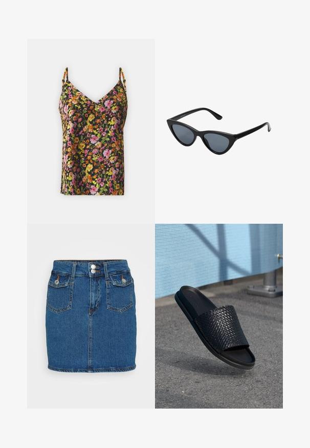 Blomstret cami-top i sort med levende pink, orange og gule blomster. Har tynde justerbare stropper og en V-halsdesign.; Denim mini skirt, mørkeblå, har høj talje med to forreste knapper, fem-lomme design og kontraststing langs kanten.; Sort slide sandal med et vævet mønster på overdelen, glat sål, flad design og en minimalistisk stil, der er velegnet til afslappet brug.; Sorte katteøje solbriller med mørkegrå linser, slankt plastisk stel, spidse hjørner og lige stænger. Ingen synlig hardware eller dekorationer.