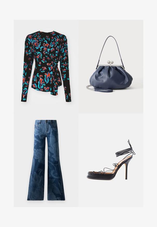 Sort langærmet top med et farverigt blomsterprint i rød, turkis og blå samt en knyttet detalje i taljen.; Bukser i mørkeblåt denim med udvidet ben i bunden, prydet med en tonal blomsterprint. Standard fem-lomme design med en frontknap og lynlås.; Sort højt hælede sandal med tynde læderremme, der vikles omkring foden og anklen, med en spids stilethælhæl.; Blød navyblå læderhåndtaske med sølv lukning, enkelt skulderrem og aftagelig kæde til håndleddet på hvid baggrund.