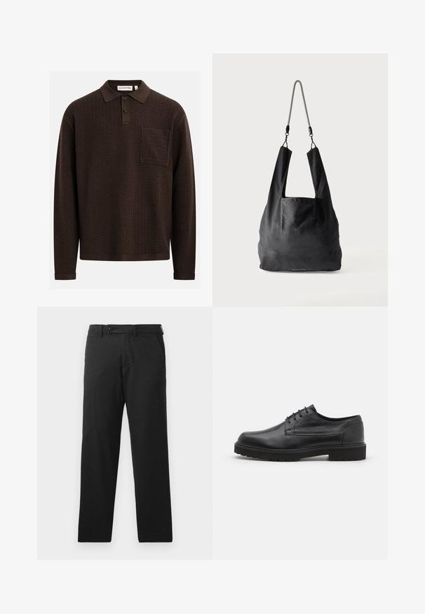 Braunes Langarm-Poloshirt mit strukturiertem Zickzackmuster, ausgestattet mit einer Drei-Knopf-Leiste und einer Brusttasche. Hergestellt aus Strickstoff.; Schwarze Hose aus Baumwollmischgewebe mit geradem Bein, Knopfverschluss und nahtlosen Seitentaschen.; Schwarzer Lederschuh mit abgerundeter Zehenpartie, glatter Oberfläche und minimaler Nahtführung. Verfügt über eine Schnürverschluss und eine dicke, strukturierte Gummisohle.; Schwarze weiche Stofftragetasche mit breiten Griffen und einem dünnen schwarz-weißen geflochtenen Schulterriemen.