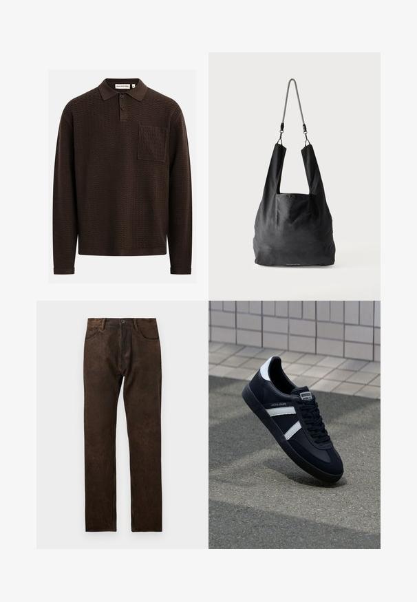 Brun langærmet polo med et struktureret zigzag-mønster, der har en tre-knaps stolpelukning og en brystlomme. Fremstillet af strikket stof.; Brune denim jeans med en let slidtegn, lige ben-design, fem lommer og en knaplukning i taljen.; Sort lædersneaker med hvide striber, tekstureret gummisål og snørrebånd foran. Har et brandet mærke på tungen.; Sort blød stofnettaske med brede håndtag og en tynd sort-hvid flettet skulderrem.