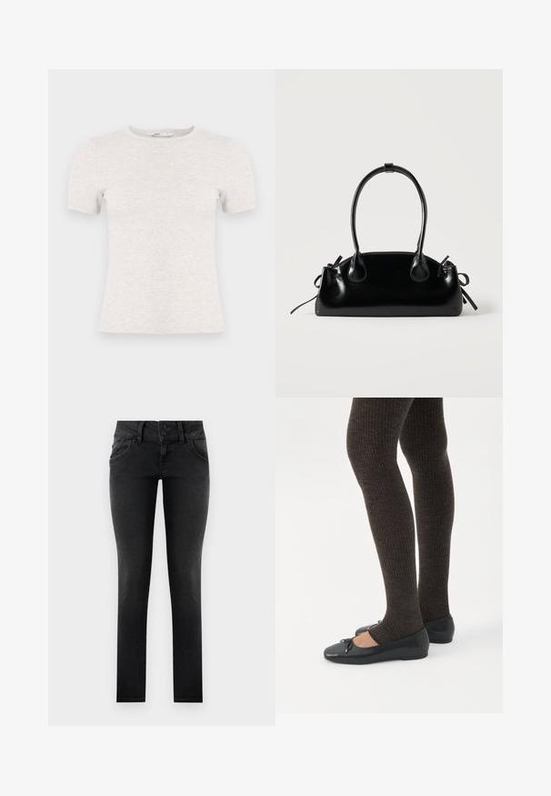 Lysegrå kortærmet t-shirt lavet af ribstrikket stof med rund halsudskæring. Simpelt design, glat tekstur, uden synlige mønstre eller accenter.; Sorte denim skinny jeans med en to-knaps talje, frontlommer og en glat, tekstureret overflade. Standard snit, hel længde design.; Ben iført mørke ribbede leggings kombineret med sorte balletsko med små sløjfedetaljer på hvid baggrund.; Lille sort blank håndtaske med to lange håndtag og snøre-detaljer i siden på en ensfarvet lys baggrund.