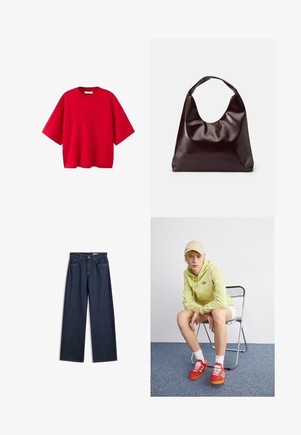 Rød strikket sweater med korte ærmer, rund halsudskæring og en løs, firkantet pasform.; Bredde ben mørke denimjeans med fem lommer, synlig syning og knaplukning. Har en lige pasform og let slid.; Lysegrøn hættetrøje med logo, hvide shorts, røde sneakers med hvide striber, siddende på en krom foldebænk mod en neutral baggrund.; Bordeaux, skinnende vegansk læder tote taske med en blød, skulpturel form og et bredt, buet håndtag for nem bæring.