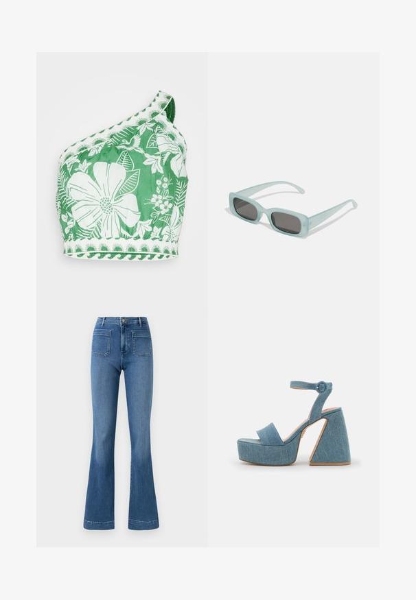 Farm Rio MACAW ELEGANCE CROP - Top - off-white; Gelaste blauwe spijkerbroeken van denim met een middellange taille, voorzien van twee achterzakken en een schone zoom. Soepele textuur en klassiek ontwerp.; Denim platform sandalen met een enkelbandje, brede voorband en een geometrische hoge hak in lichtblauw met tan accenten.; Een paar rechthoekige zonnebrillen met lichtblauwe doorzichtige monturen en donkergrijze glazen, met rechte pootjes en minimale hardwaredetails.