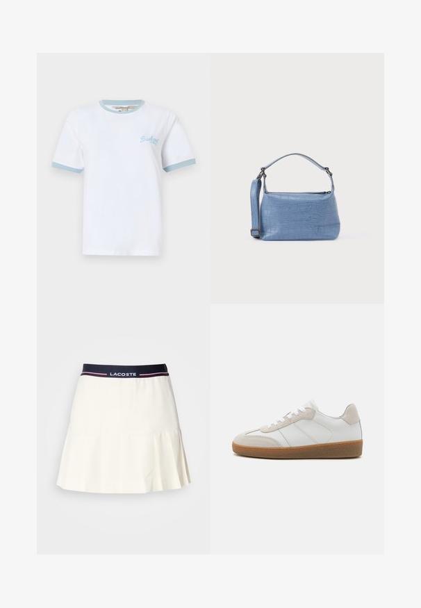 T-shirt blanc à manches courtes avec bordure bleu clair aux manches et au col, avec un petit logo "Barbour" bleu clair sur la poitrine gauche.; Jupe plissée blanche avec une ceinture marine arborant un logo Lacoste et des accents rouges. Fabriquée dans un matériau lisse et doux.; Baskets en cuir blanc avec des accents en suède beige, languette texturée et semelle en caoutchouc. Elles sont dotées de lacets blancs et de détails couture subtils.; Sac à main bleu clair embossé façon crocodile avec une poignée courte et une bandoulière amovible. Texture lisse avec une fermeture éclair.