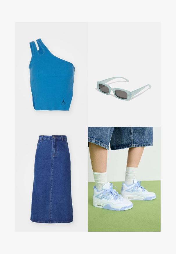 Blå ribbet tanktop med en skulderdesign, to stropper og et lille sort logoaccent nederst til højre.; Denimnederdel i mørkeblå, med en tætsiddende talje, lige silhuet og forsømmer, samt en kantlinje der falder under knæet.; Hvide og lyseblå sneakers med mesh-detaljer, rund tå, snørebånd og en luftdæmpningsenhed, parret med hvide ribbede sokker og denimshorts.; Et par rektangulære solbriller med lyseblå gennemsigtige stel og mørkegrå linser, der har lige templer og minimale hardware detaljer.