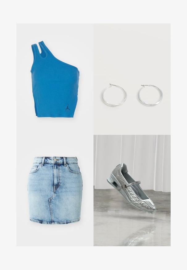 Camiseta de tirantes azul con diseño de un hombro, dos tirantes y un pequeño logo negro en la esquina inferior derecha.; Falda de mezclilla de color azul claro con una forma ajustada, cinco bolsillos, cierre de botón y cremallera, y detalles cosidos a lo largo del dobladillo.; Zapato Mary Jane plateado individual con un diseño texturizado y una correa con hebilla, flotando sobre un suelo reflectante con cortinas blancas de fondo.; Pendientes de aro de metal plateado con superficie lisa y ligeramente curvada y cierre de tipo mosquetón sobre un fondo blanco liso.