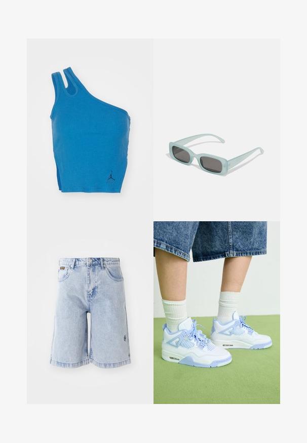 Blauw geribd tanktop met een schouderontwerp, twee bandjes en een klein zwart logo-accent rechtsonder.; Lichtblauwe denimshorts met een hoge taille, losse pasvorm en voorzakken. Decoratieve stiksels en merklogo geborduurd aan de zijkant.; Witte en lichtblauwe sneakers met gaasaccenten, een ronde neus, veters en een luchtkusseneenheid, gecombineerd met witte geribde sokken en denim short.; Een paar rechthoekige zonnebrillen met lichtblauwe doorzichtige monturen en donkergrijze glazen, met rechte pootjes en minimale hardwaredetails.